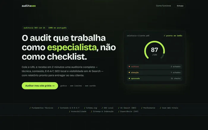 AuditaSEO, plataforma SaaS de auditoria de SEO com IA desenvolvida pela RM Tech