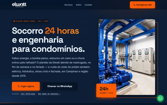 Site da Elwatt Engenharia criado pela RM Tech: socorro 24h e engenharia para condomínios em Campinas