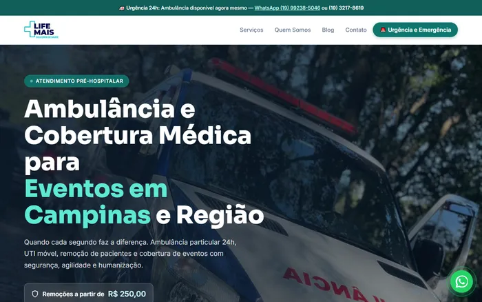 Landing page criada pela RM Tech para a Life Mais Saúde, ambulância em Campinas